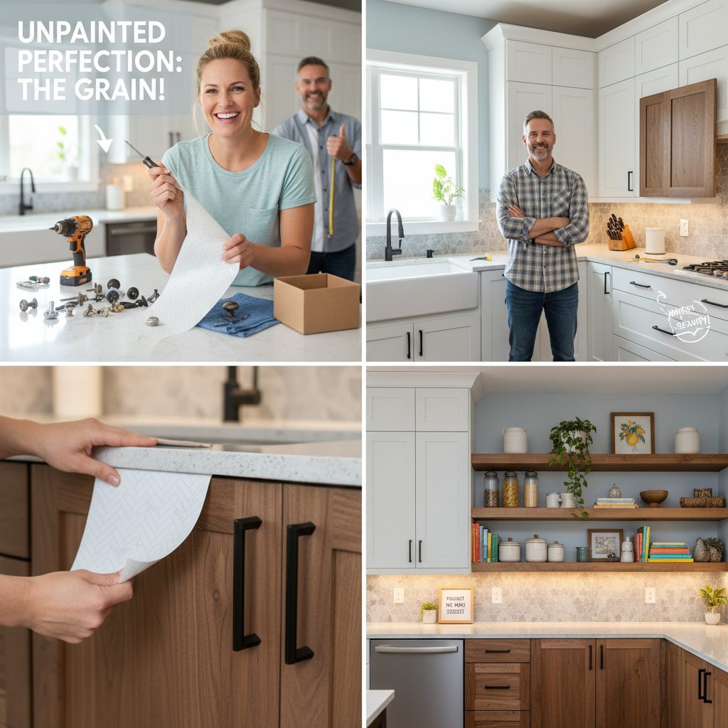 Close-up of peeling peel-and-stick vinyl being applied smoothly onto a cabinet surface, showing the ease of use and texture.