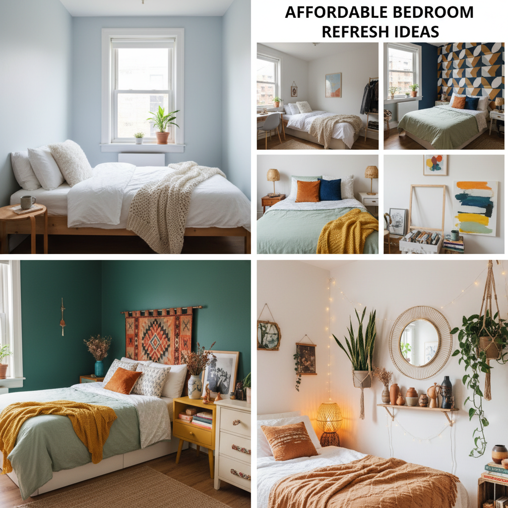 A stylish, inviting small bedroom featuring greenery like snake plants and pothos, cozy lighting with fairy lights, and unique thrifted decor items such as mirrors and vases, emphasizing budget-friendly ambiance enhancements.
