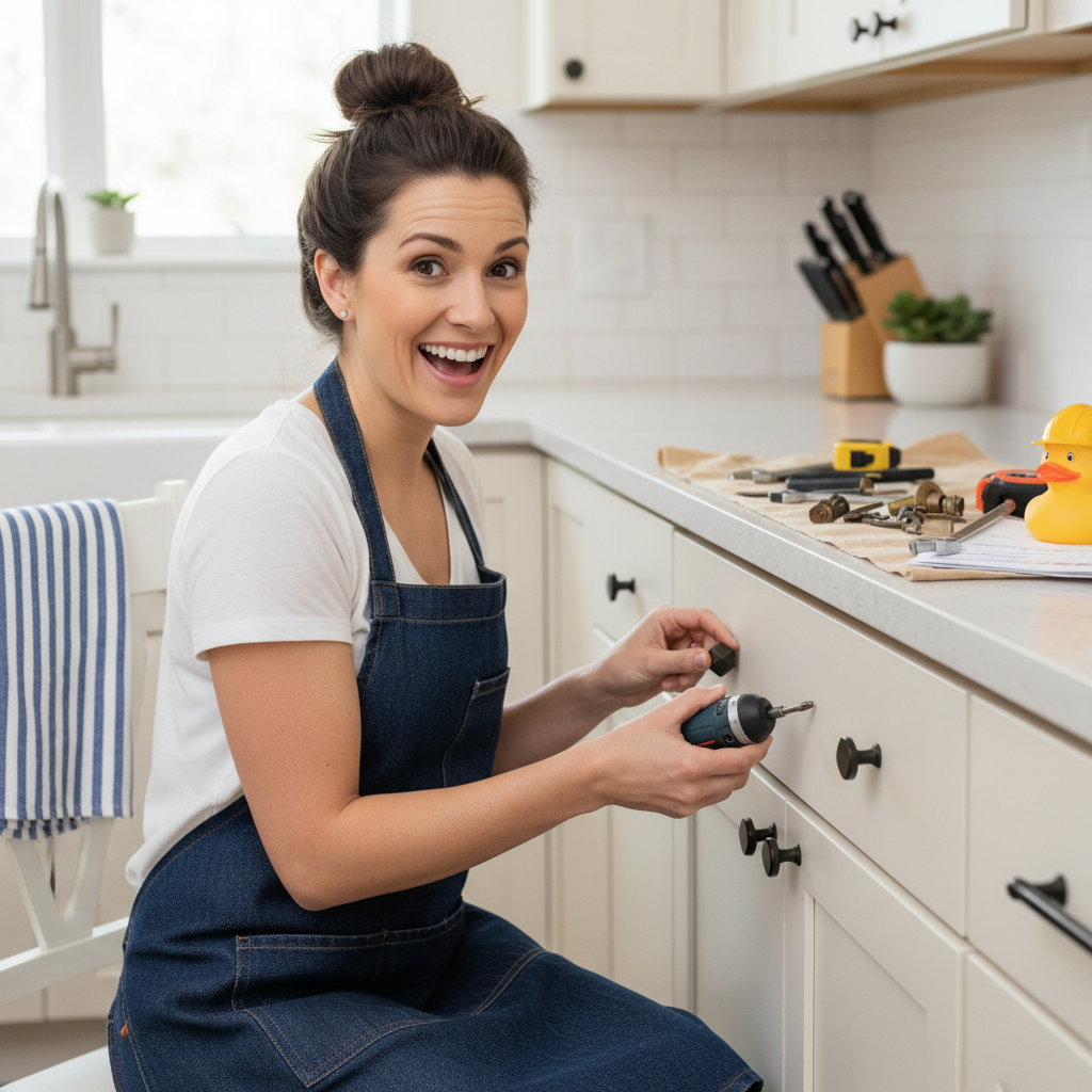 Various budget-friendly kitchen cabinet updates: hardware swap tools, cabinet doors for refacing, peel-and-stick vinyl sheets, and open shelves with decor.