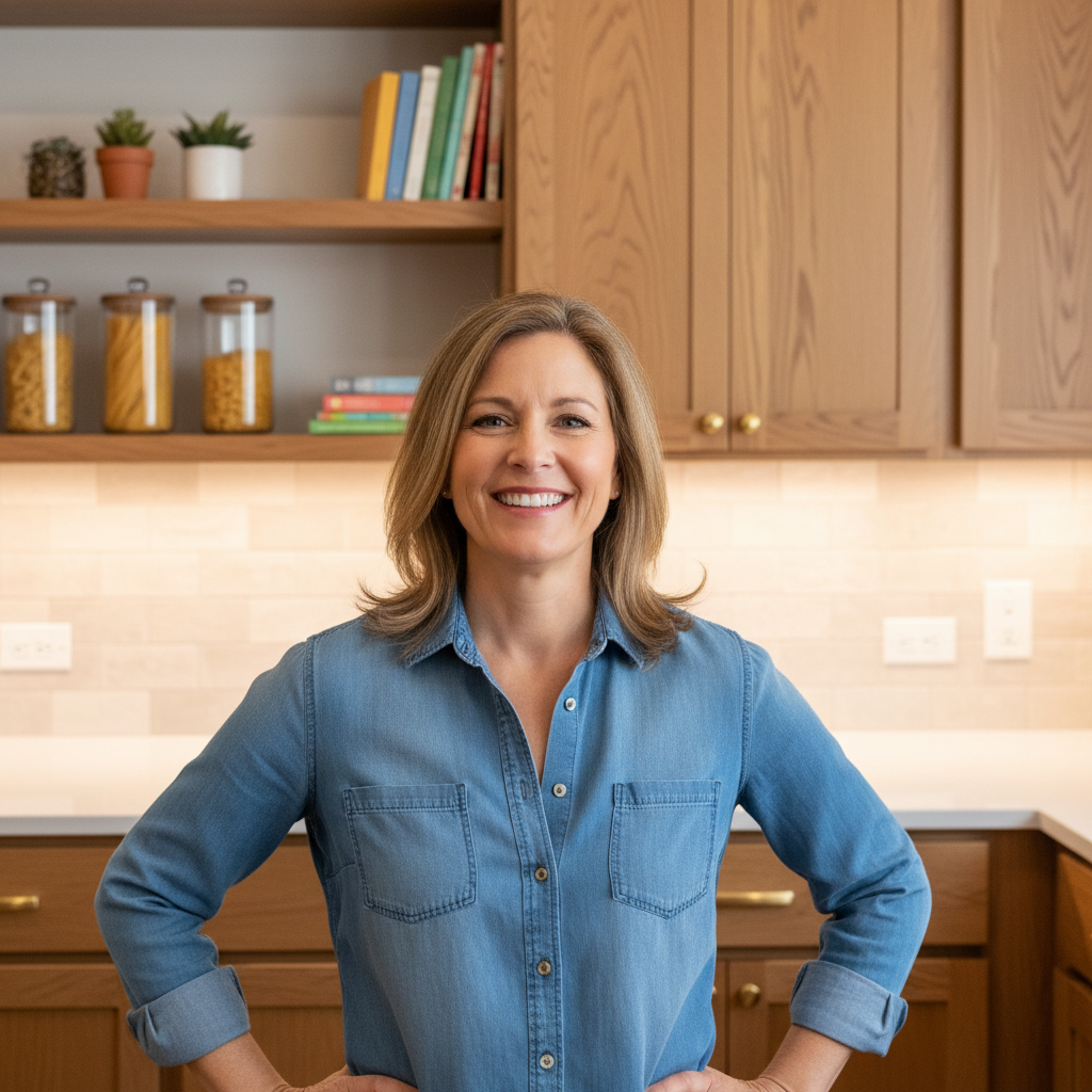 A bright kitchen with open shelving displaying cute jars, plants, and cookbooks creating a welcoming visual interest.