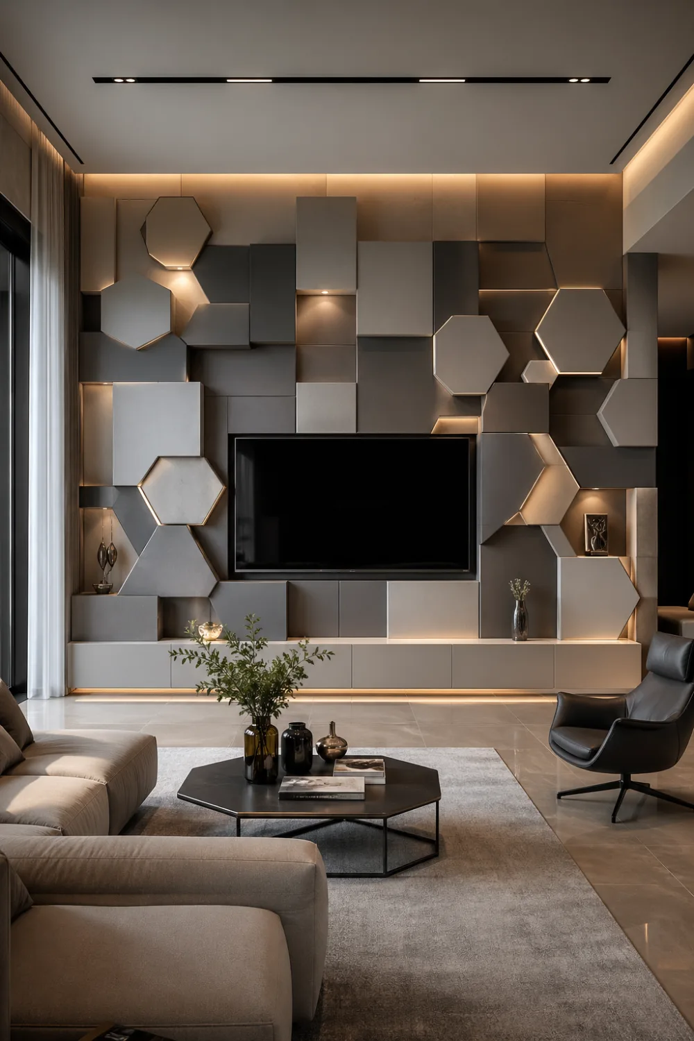 modern geometric 3D TV wall design with layered square and hexagon panels, warm LED strip lighting accents, neutral beig