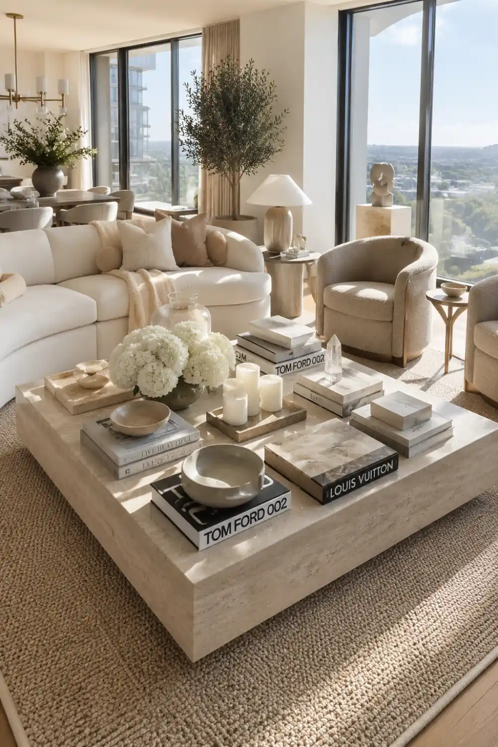 Bright neutral luxury living room featuring a large modern coffee table styled with stacked designer books, marble trays
