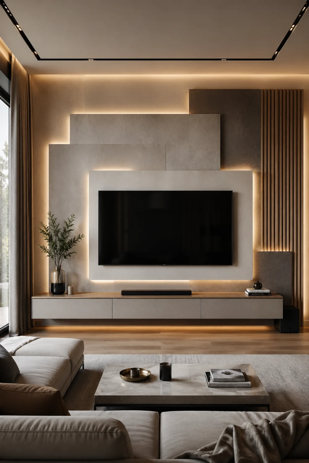 floating layered panel 3D TV wall with soft LED backlighting, neutral tones with wood accents, modern living room interi