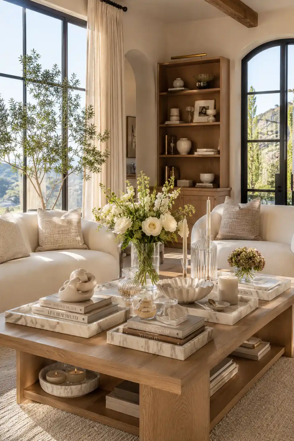 Bright organic modern living room featuring a warm wood coffee table styled with marble trays, candles, sculptural decor