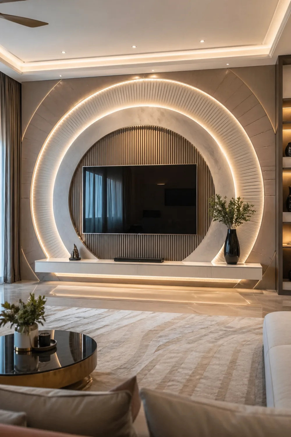 circular halo 3D TV wall with illuminated LED ring and vertical slats, modern luxury living room interior with centered 