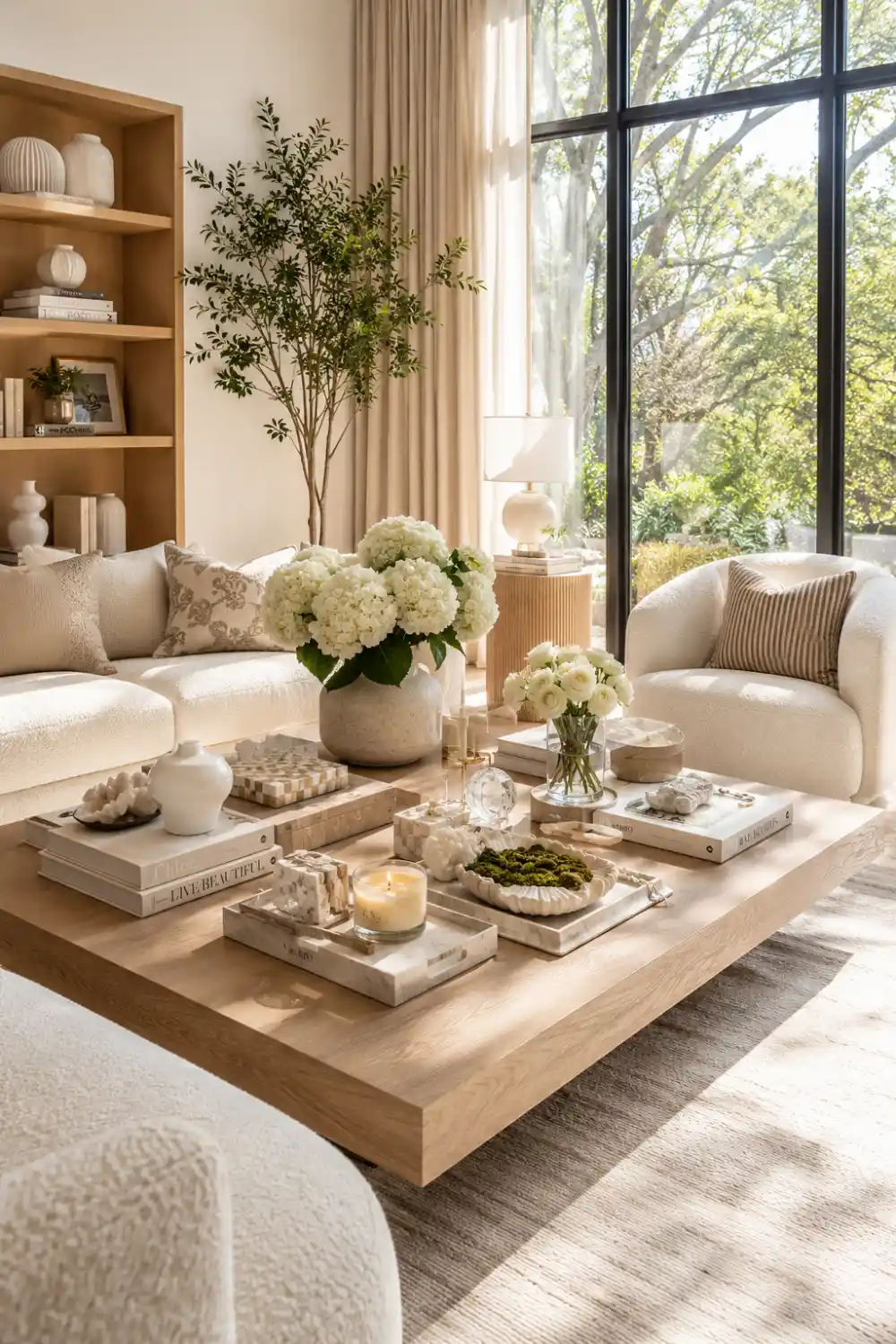 Soft neutral living room with a large wooden coffee table styled using layered trays, candles, floral arrangements, marb