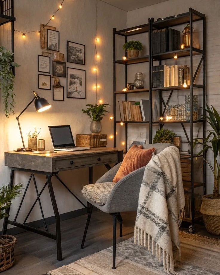 11. Warm Industrial Office with Amber Lighting - small room office ideas