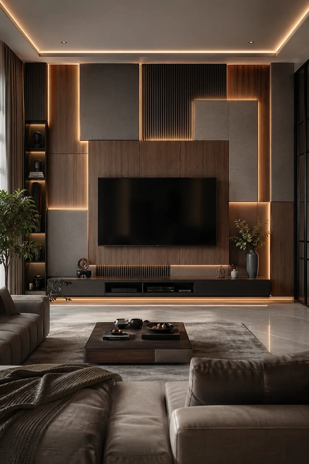 layered wood and acoustic panel 3D TV wall with vertical slats and LED accents, modern living room interior with warm li