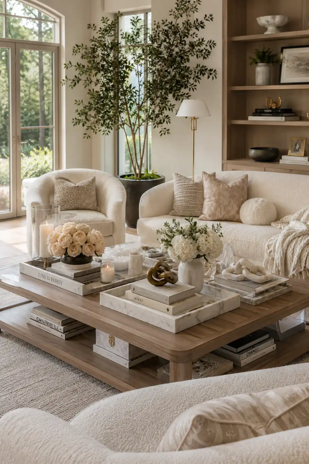 Elegant layered coffee table styling inside a bright luxury living room featuring marble trays, sculptural decor, candle