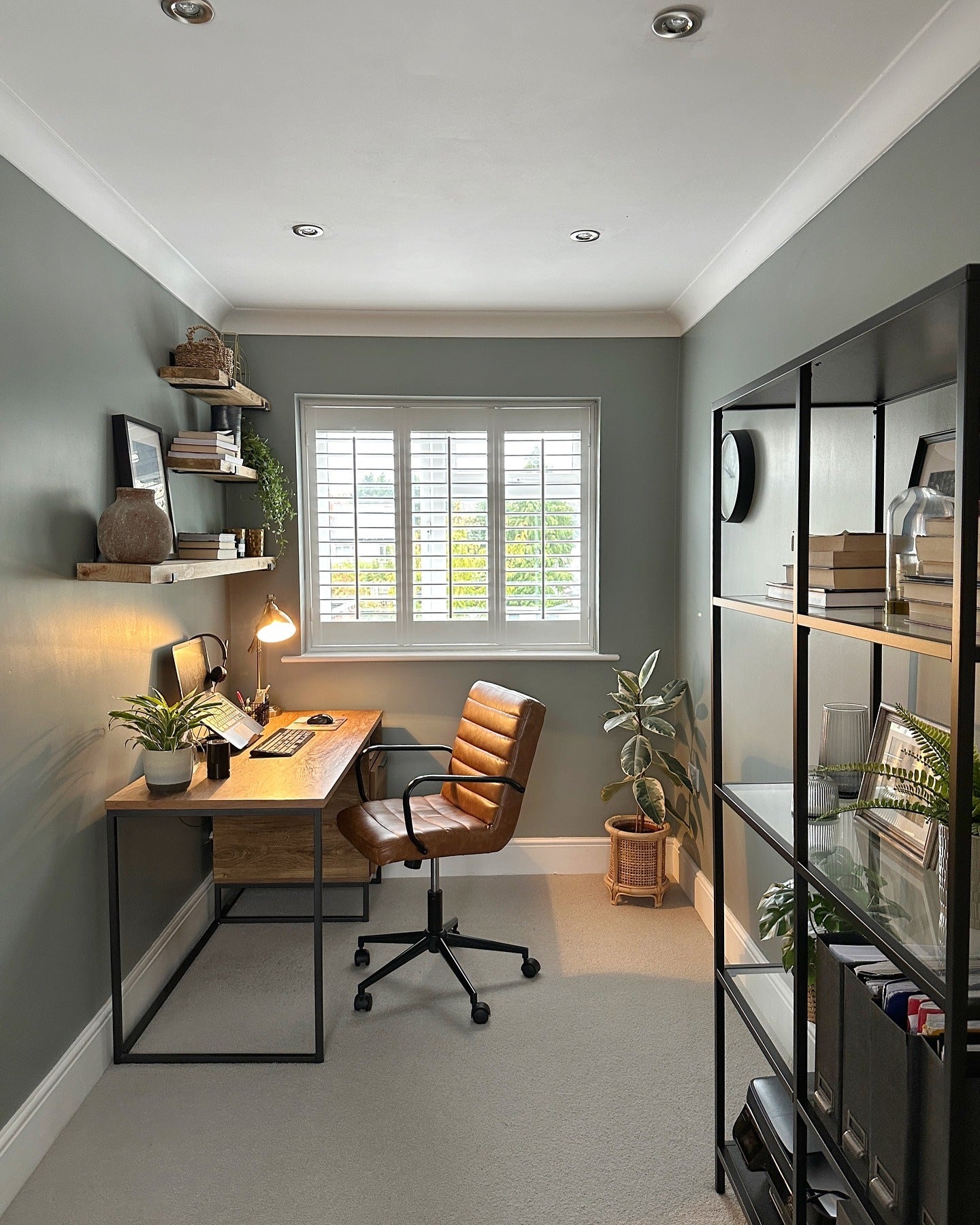 12. Sage Green Office with Leather Accents - small room office ideas