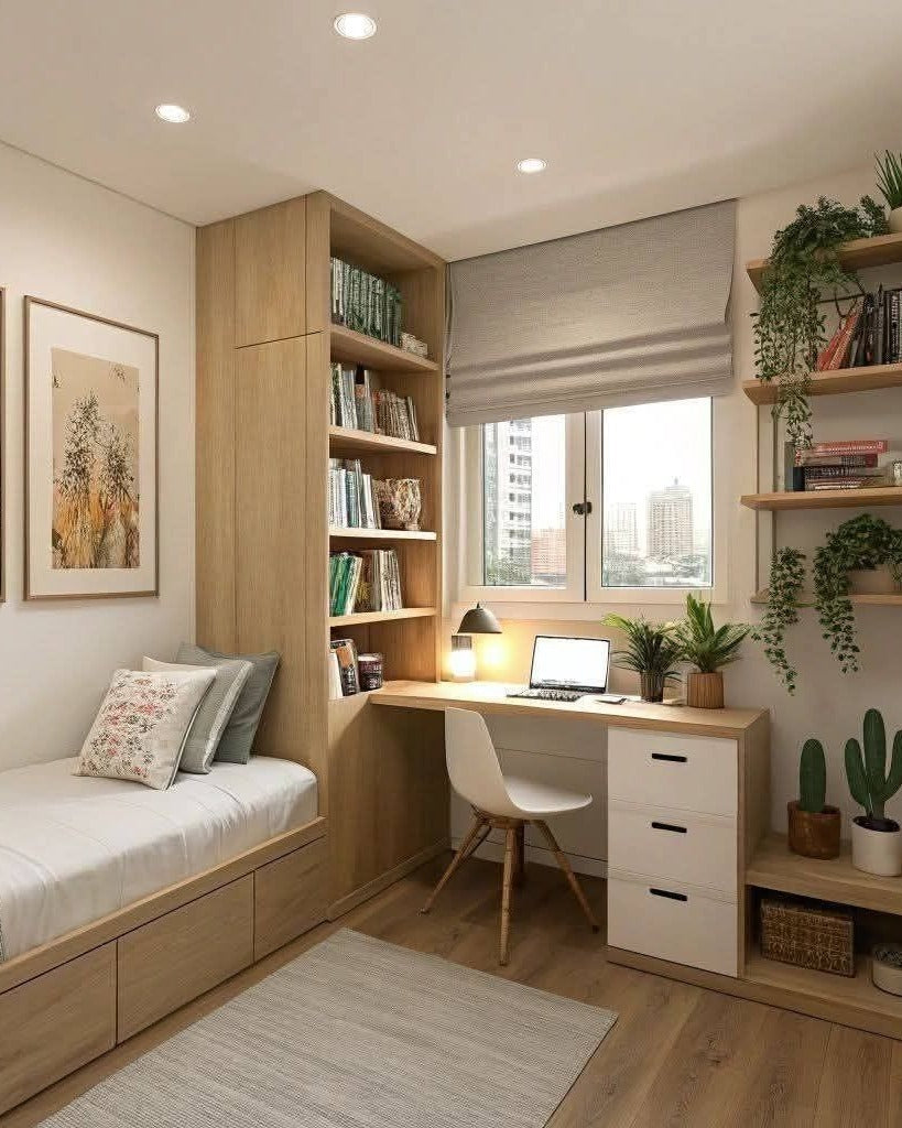13. Light Oak Compact Bedroom Office - small room office ideas