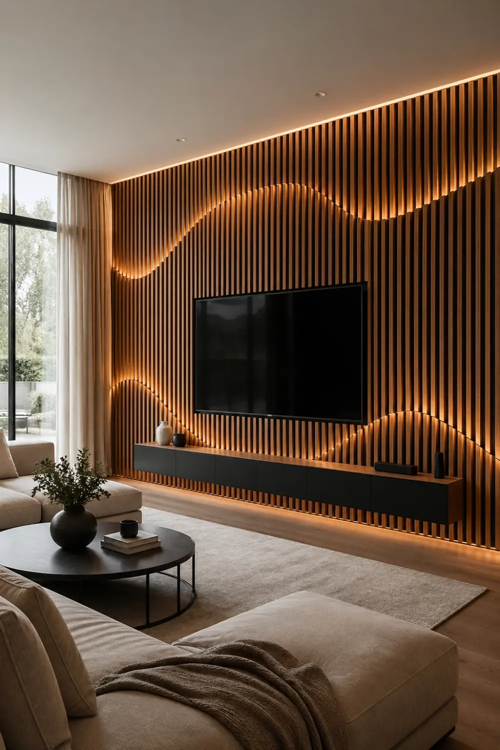 wooden acoustic slat 3D TV wall with wave design and LED lighting, modern living room interior with warm tones and minim