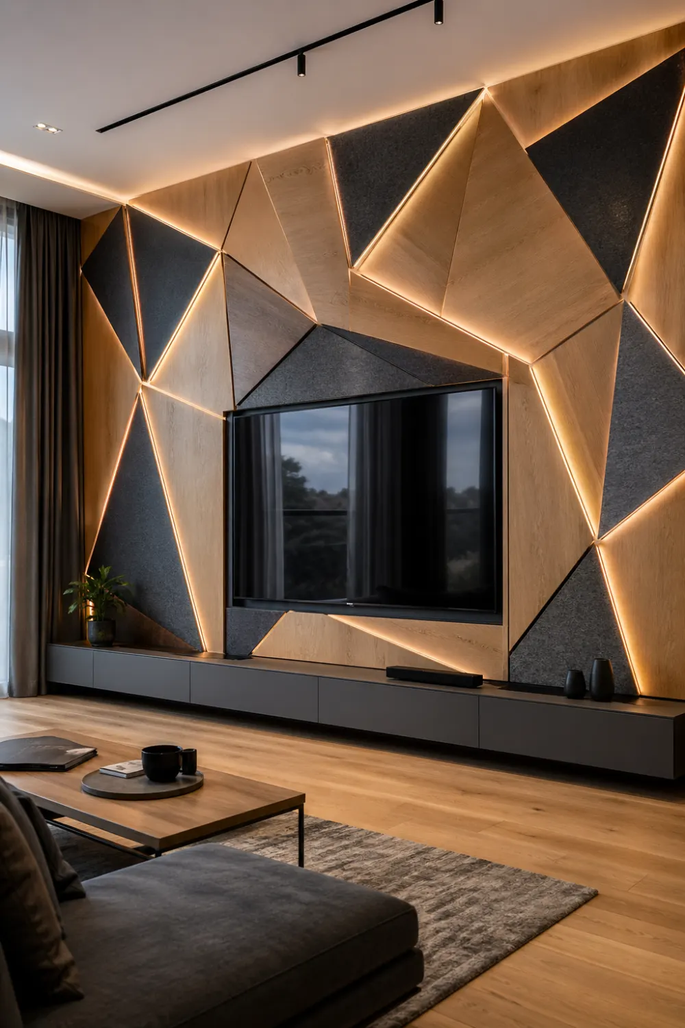 geometric triangular 3D TV wall with wood and acoustic panels, LED lighting accents, modern living room interior with bo