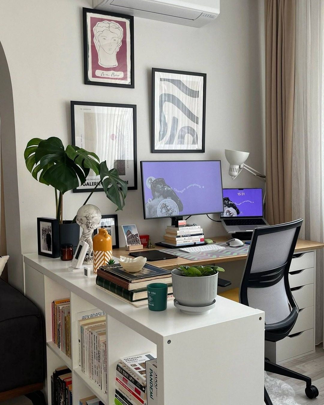 15. Contemporary White and Wood Office Corner - small room office ideas