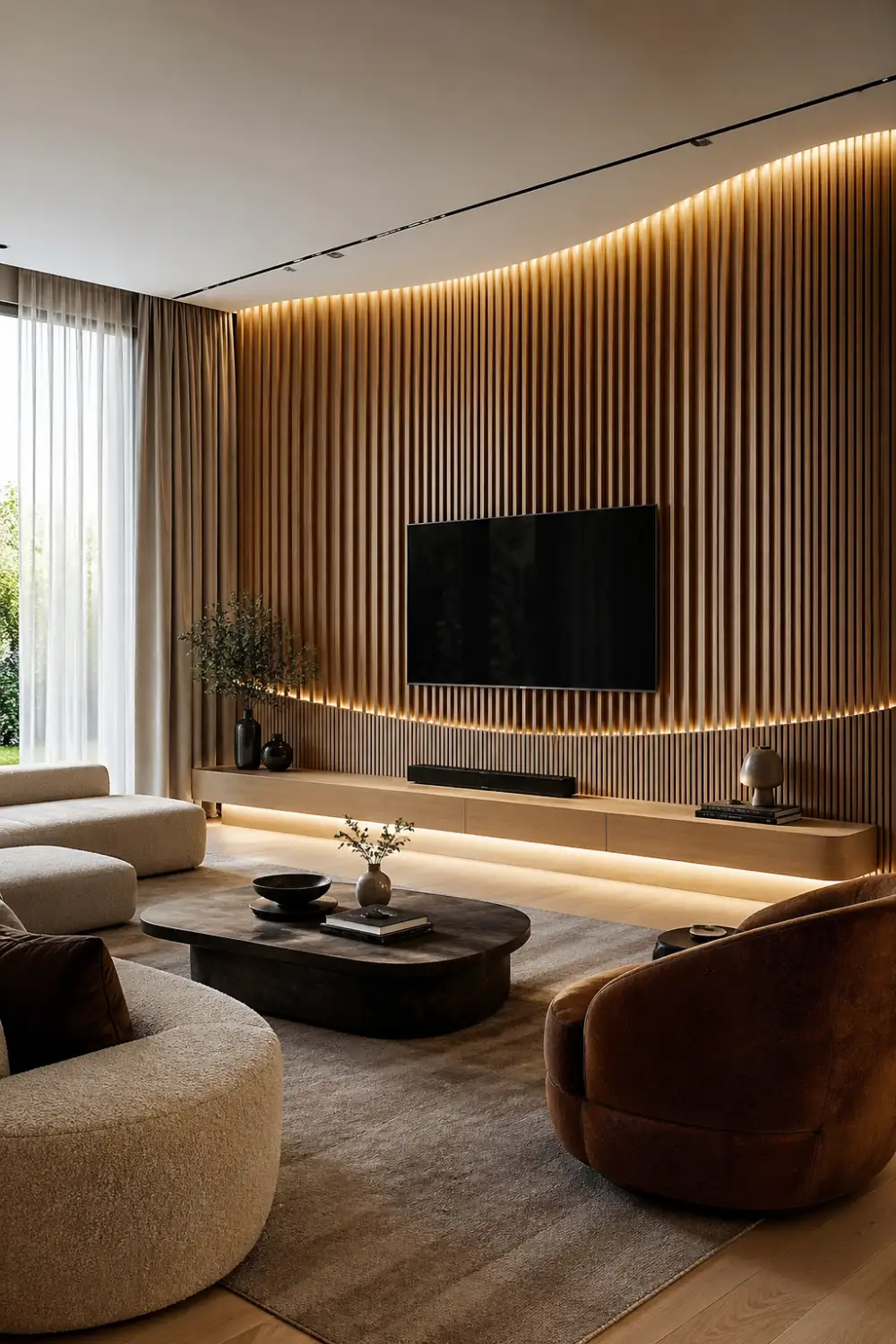 curved wooden acoustic slat 3D TV wall with continuous LED lighting, modern living room interior with warm tones and min