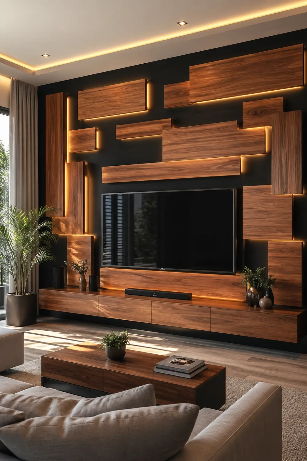 floating wooden block 3D TV wall with warm LED backlighting, dark background contrast, modern living room interior with 