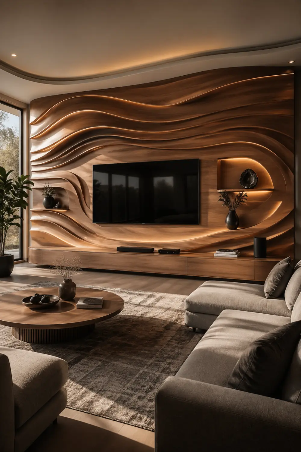 parametric wooden wave 3D TV wall with curved layered panels, integrated warm LED lighting, modern luxury living room wi