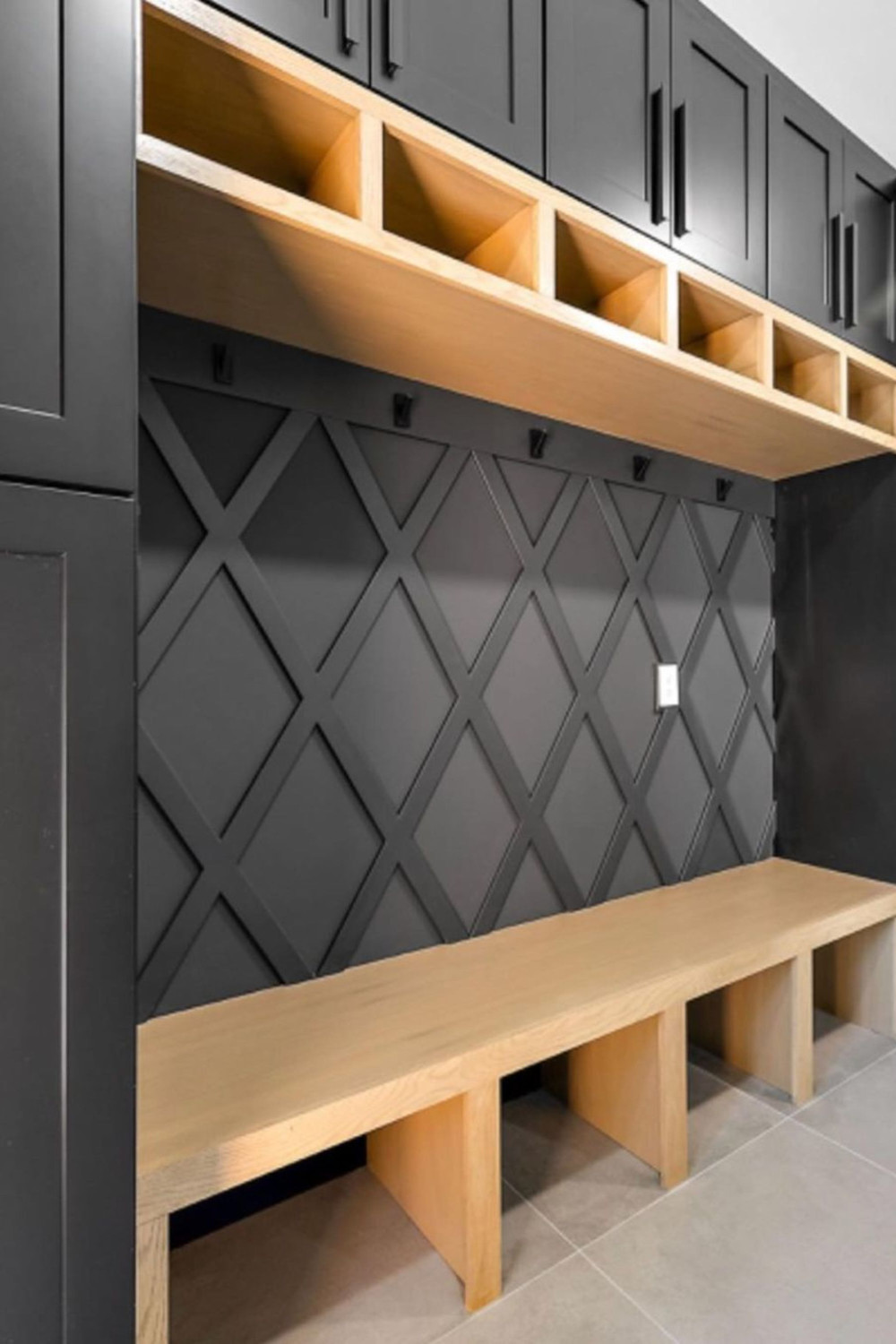 mudroom entryway ideas - black modern mud room drop zone