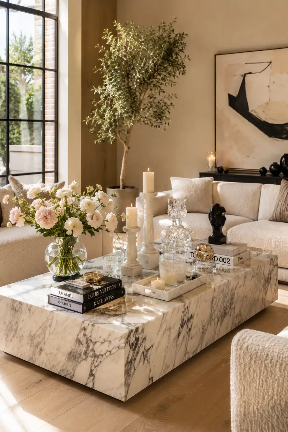 Luxury marble coffee table styled with crystal decor, candles, fashion books, fresh floral arrangements, and elegant neu