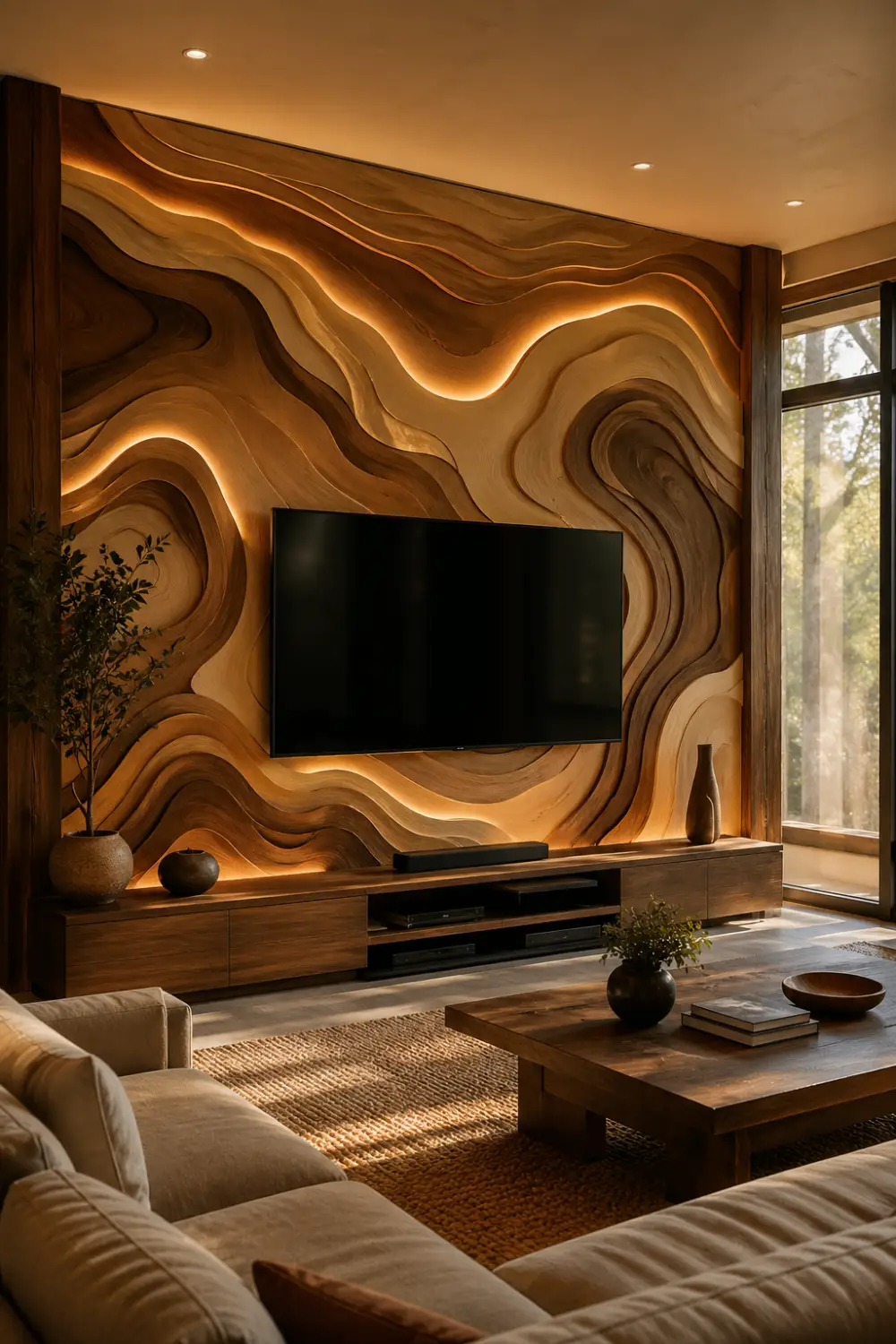 topographic layered wood 3D TV wall with carved contour design, warm LED backlighting, natural wood tones, modern cozy l