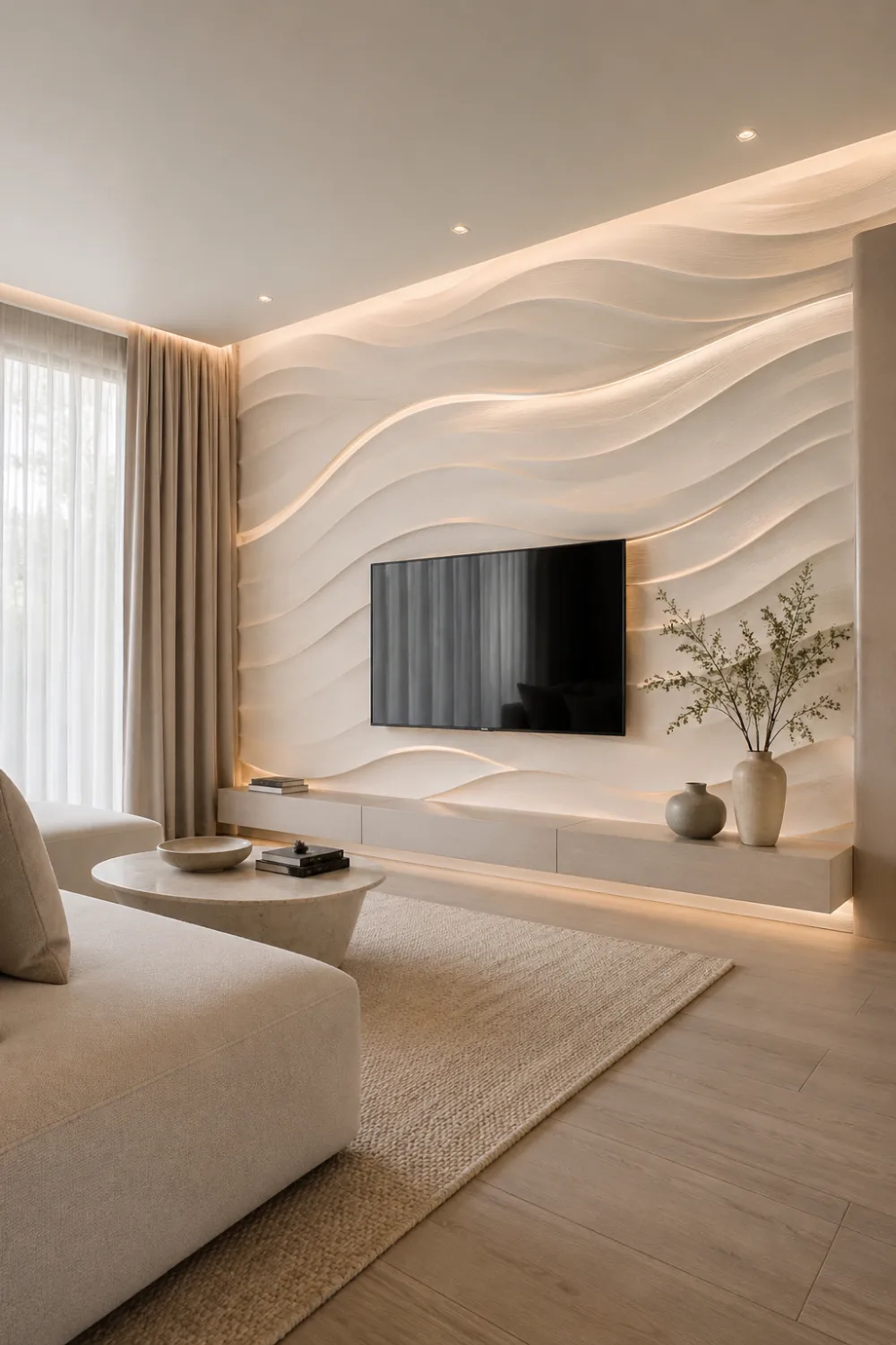 minimal wave textured 3D TV wall in soft beige tones, subtle LED lighting highlights, clean modern living room interior 