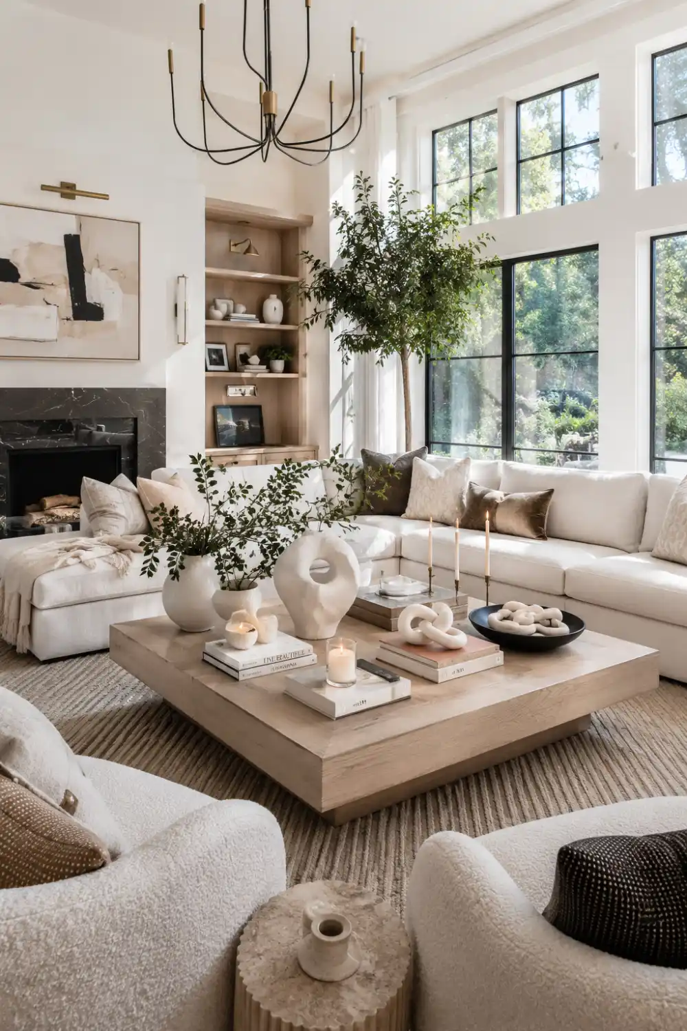 Bright organic modern living room with a sculptural coffee table styled using abstract ceramic decor, layered books, can