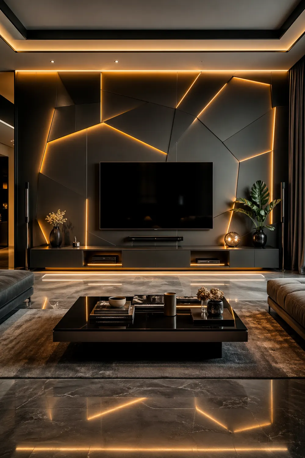 angular geometric 3D TV wall with dark matte panels and glowing LED lines, modern luxury living room with sleek furnitur