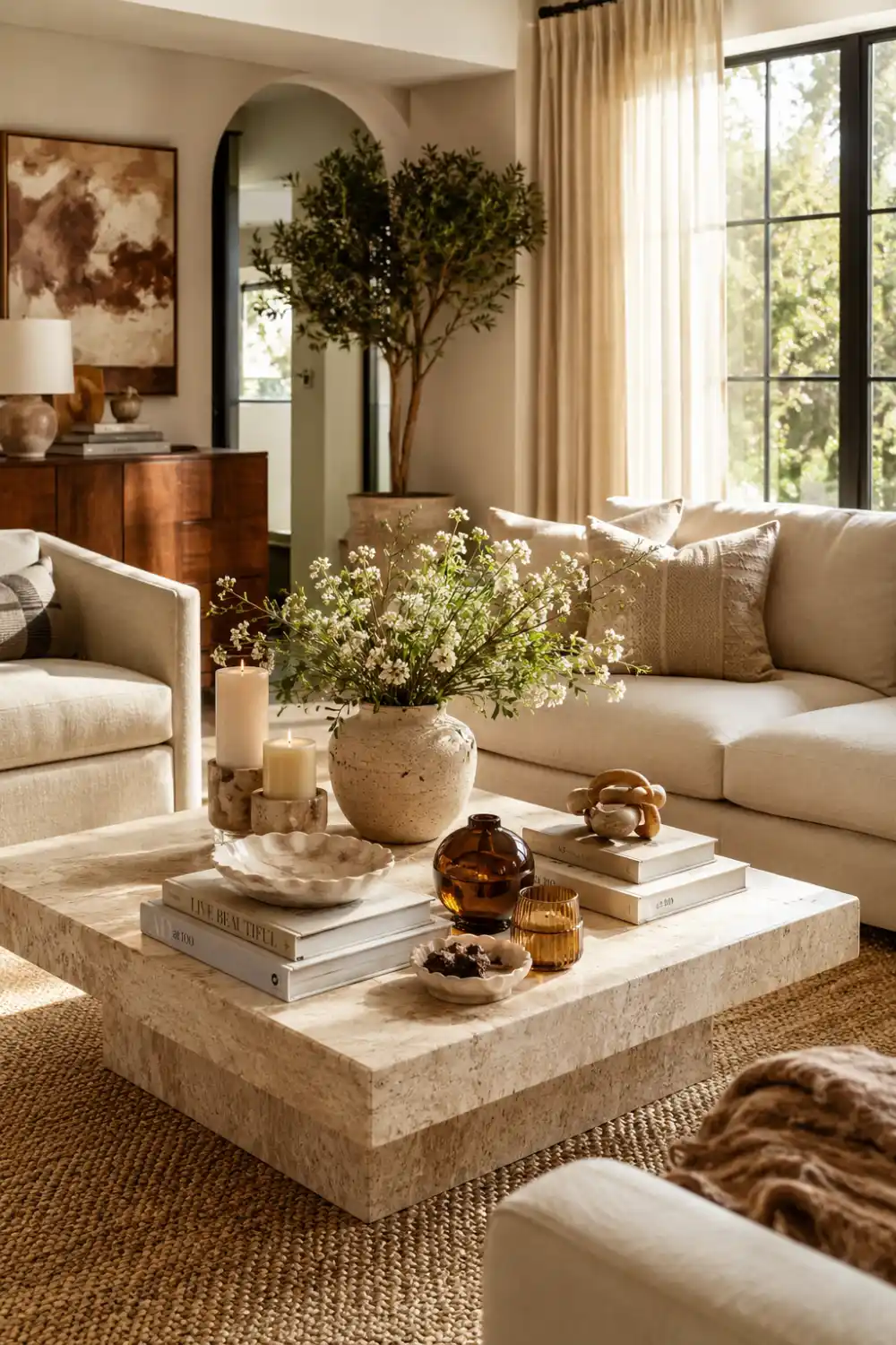 Warm earthy modern living room with a neutral stone coffee table styled using ceramic decor, amber glass accents, candle