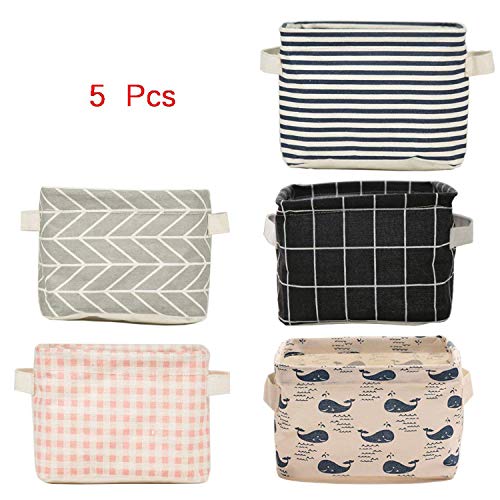 5 Pcs Foldable Storage Bin Basket,Foldable Fabric Storage Receive Basket with Handle Cotton Linen Blend Storage Bins for
