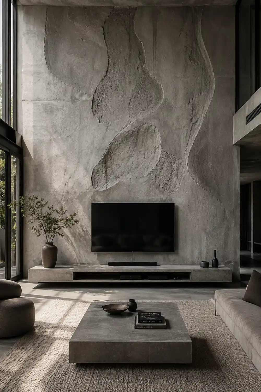 sculpted concrete textured 3D TV wall with organic patterns, minimalist modern living room interior, neutral tones with 