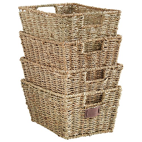 VonHaus Set of 4 Seagrass Storage Baskets with Insert Handles Ideal for Home and Bathroom Organization - 12(L) x 9(W) x