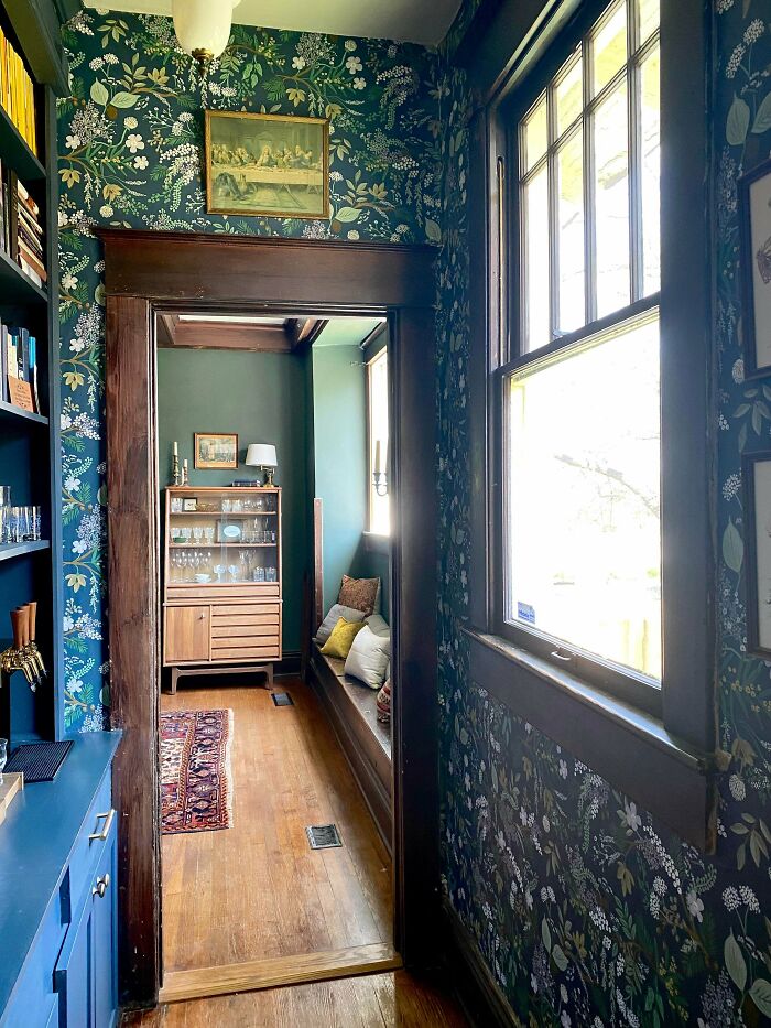 I Just Added Wallpaper To This Little Nook In Our House Which Is Our Bar/Bookcase Area And I Can’t Believe How Much It E