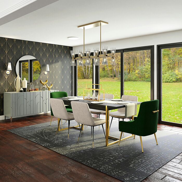Dining room with large windows, modern table, white and green chairs, showcasing inspiring dining room ideas for family 