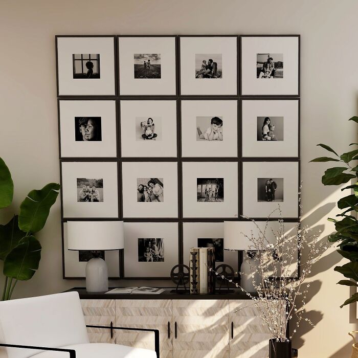 Wall decorated with family pictures above a cupboard, enhancing dining room ideas for warm family gatherings and parties