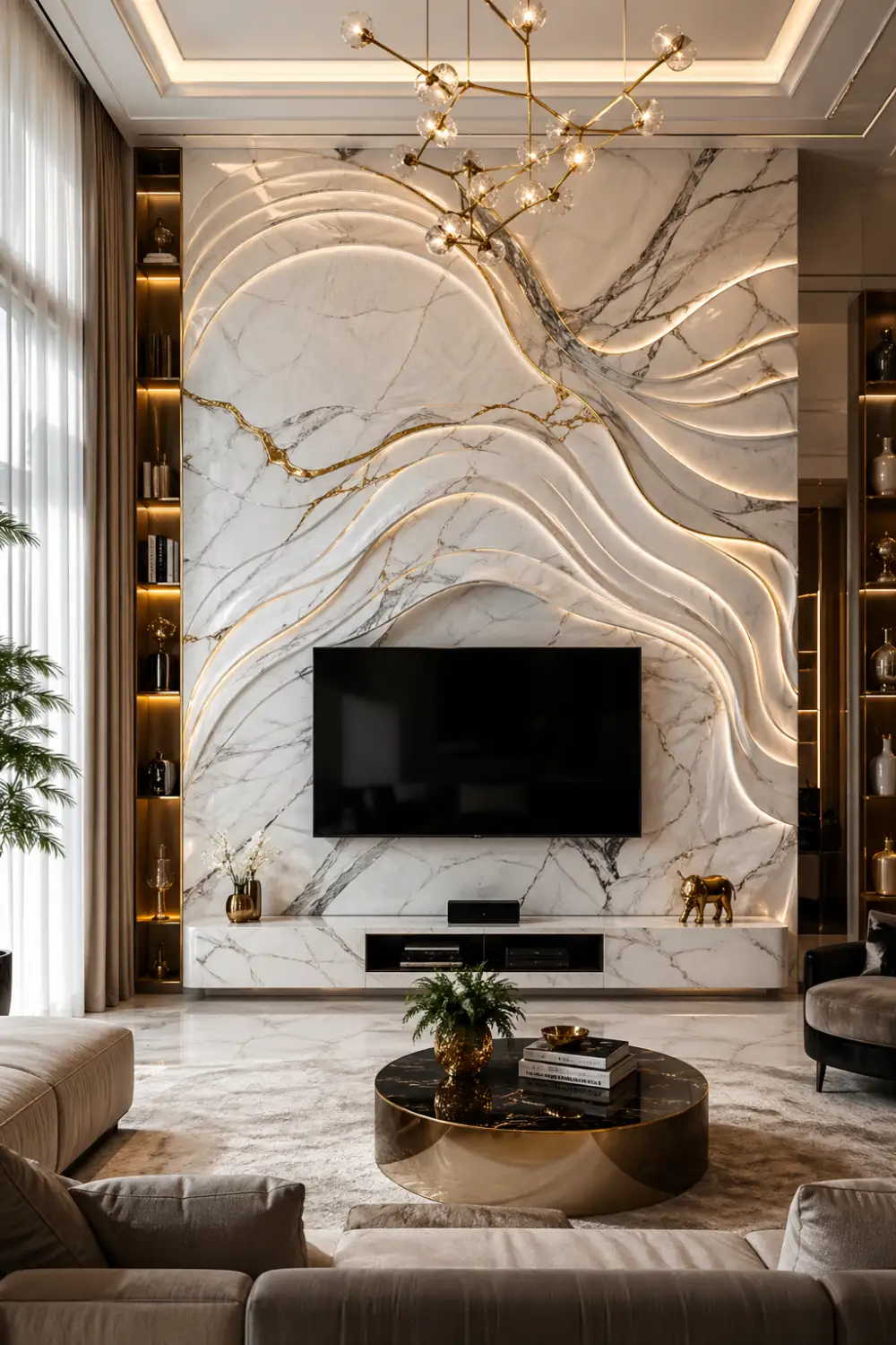 luxury marble 3D TV wall with flowing wave patterns, gold accents and LED lighting, elegant modern living room interior 