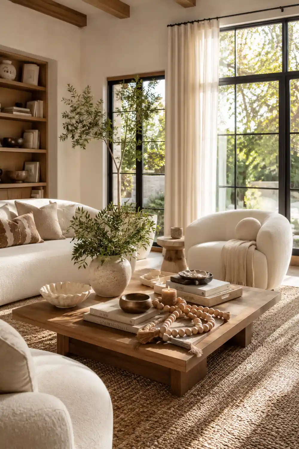 Organic modern living room featuring a warm wood coffee table styled with layered neutral books, ceramic bowls, candles,