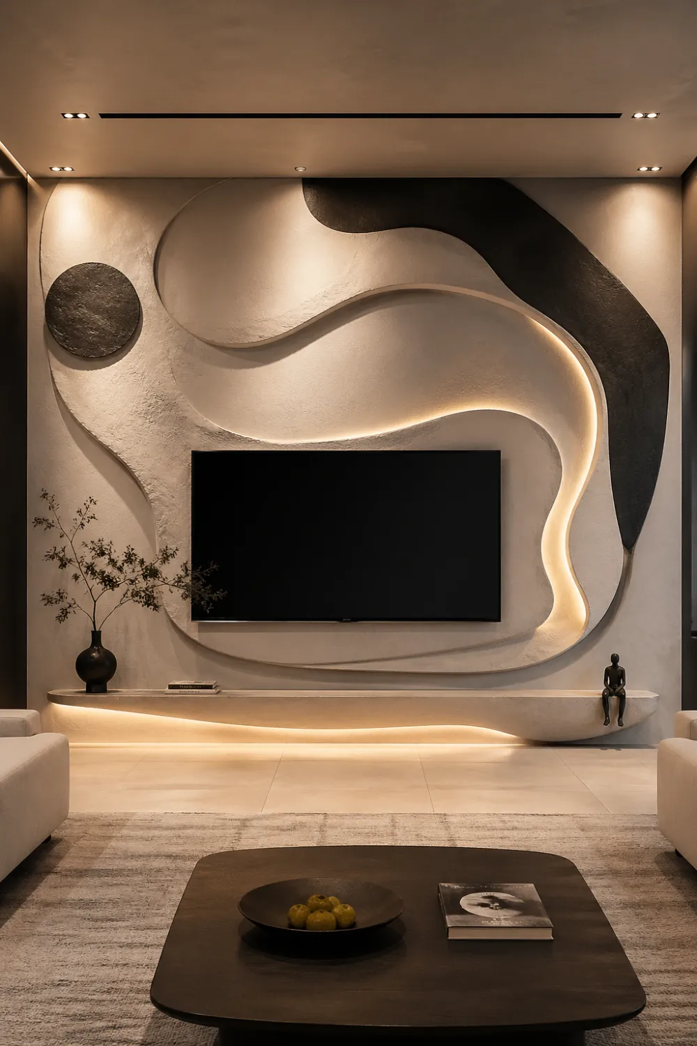 abstract sculptural 3D TV wall with smooth curves and textured panels, soft LED backlighting, modern minimalist living r