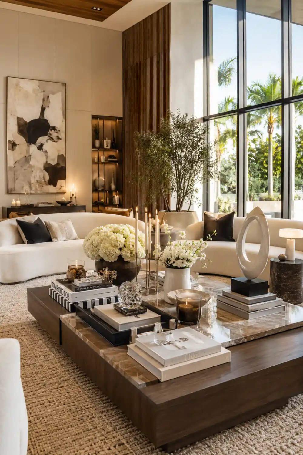 Luxury hotel-inspired living room with a dark wood coffee table styled using candles, crystal decor, sculptural accessor