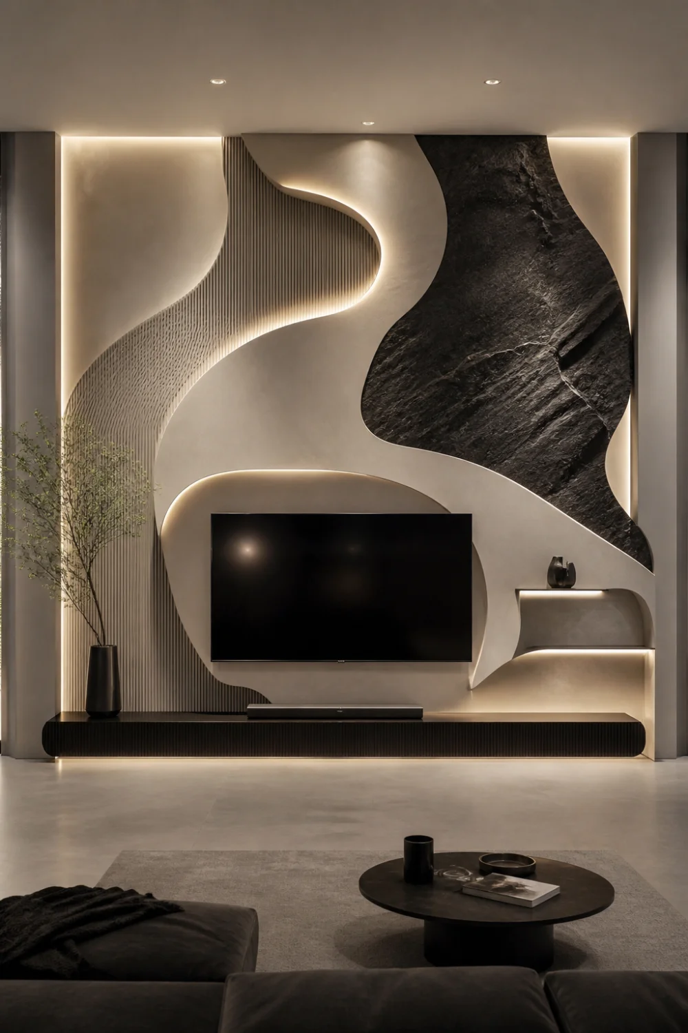 mixed texture 3D TV wall combining wood slats, smooth panels and dark stone section, LED backlighting, modern luxury liv