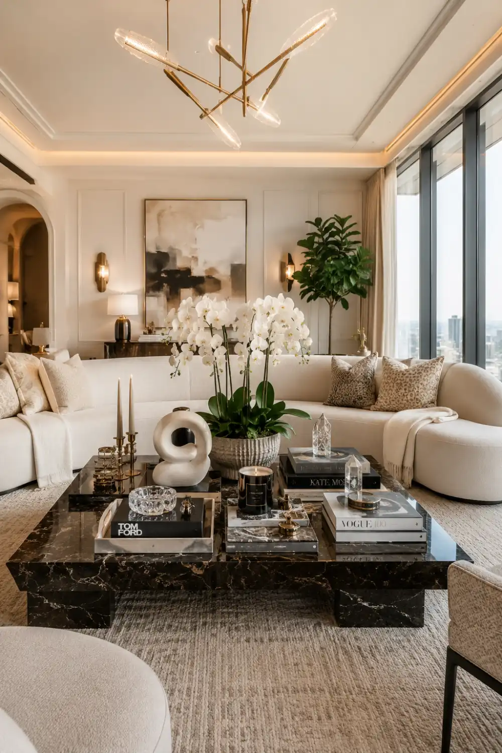 Modern glam living room with a black marble coffee table styled using crystal decor, sculptural accessories, candles, or
