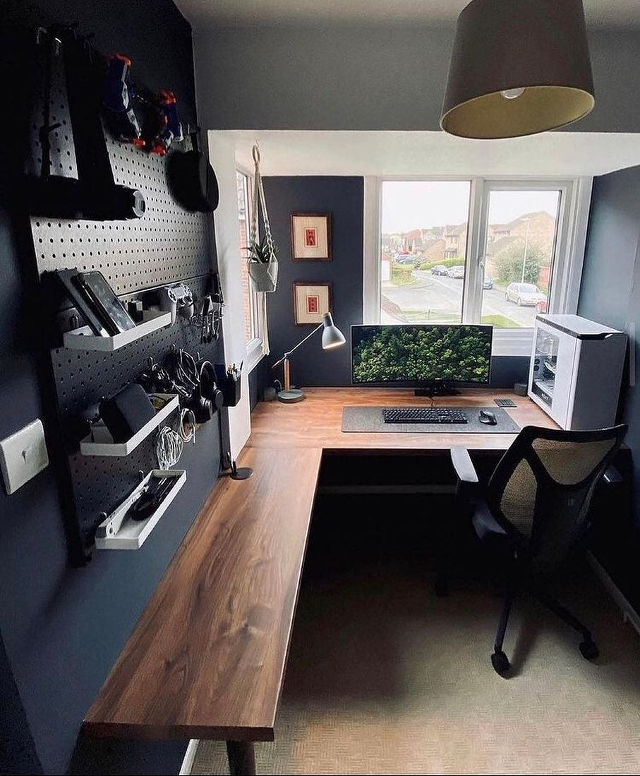 9. Compact Dark Corner Office Setup - small room office ideas