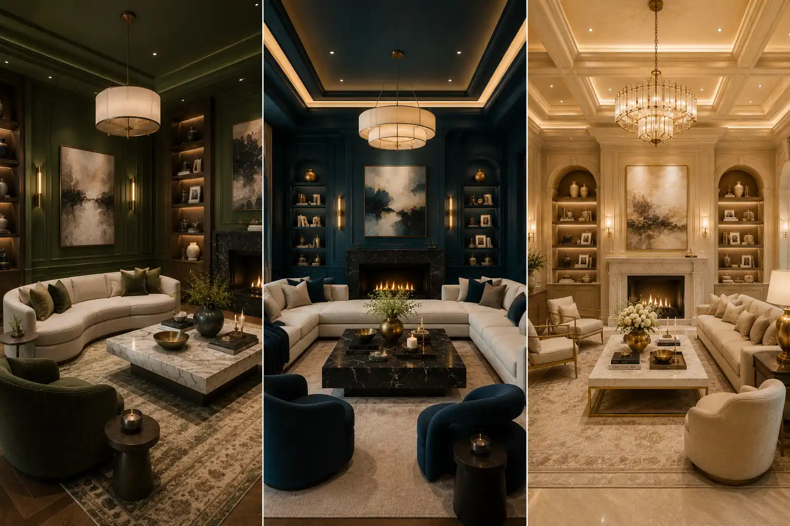 luxury paint color ideas inspiration featuring three elegant designer interiors with statement chandeliers, built in she