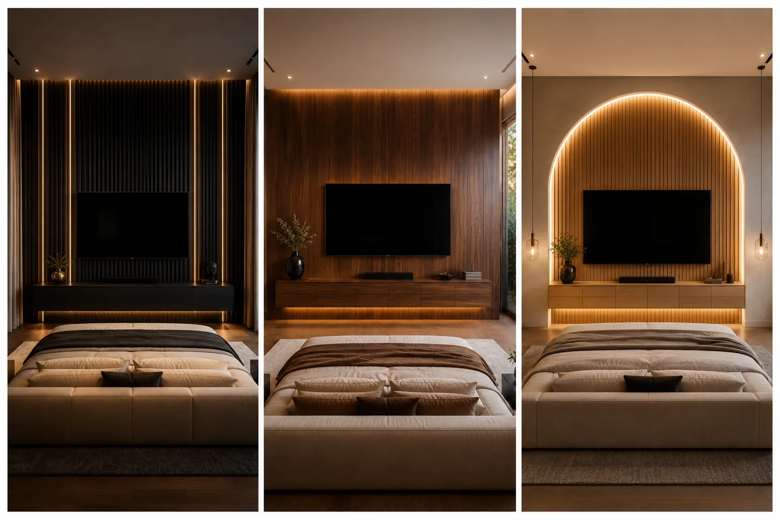 Luxury Bedroom TV Wall Design Ideas collage featuring three modern wooden TV feature walls with integrated LED lighting,