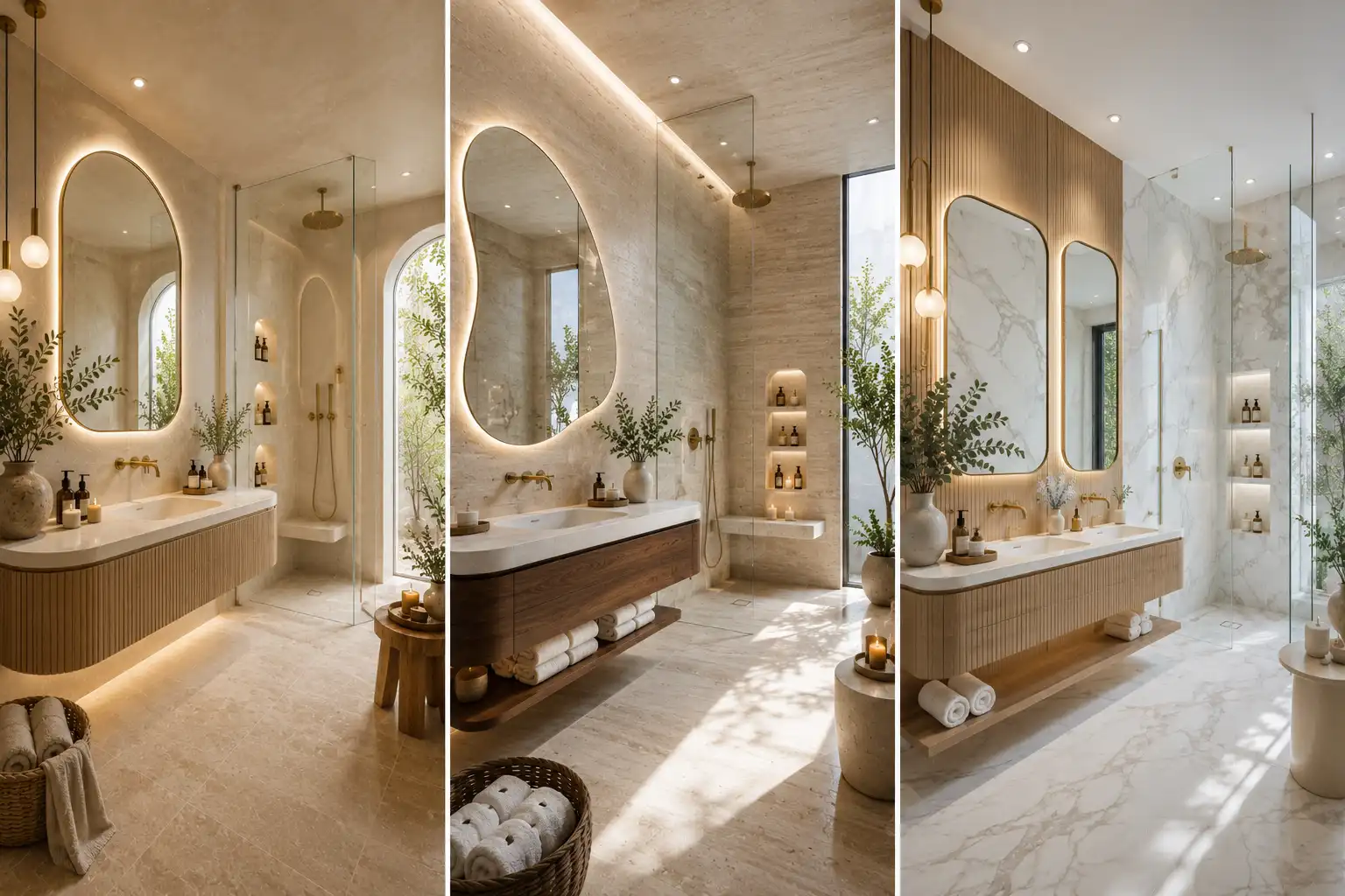 Premium featured image showcasing a three panel grid of luxury small bathroom design ideas with bright marble interiors,