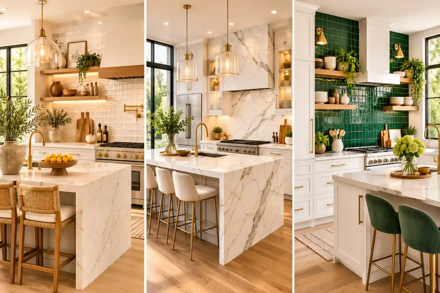 Luxury kitchen backsplash ideas featuring a premium three panel collage with handcrafted white Zellige tiles, elegant fu