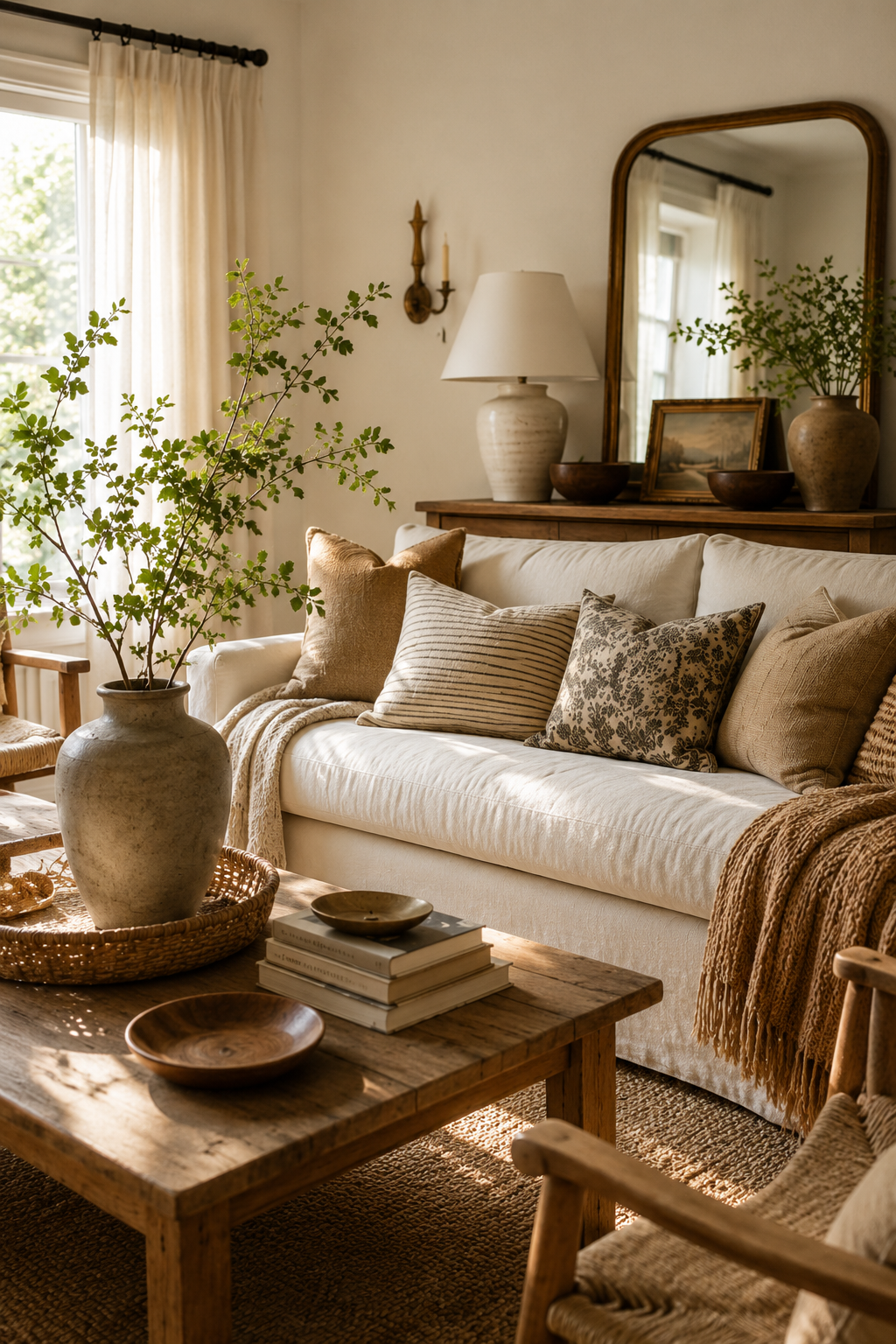 Stylish neutral living room with budget-friendly home decor, textured pillows, wood furniture, woven accents, ceramic va
