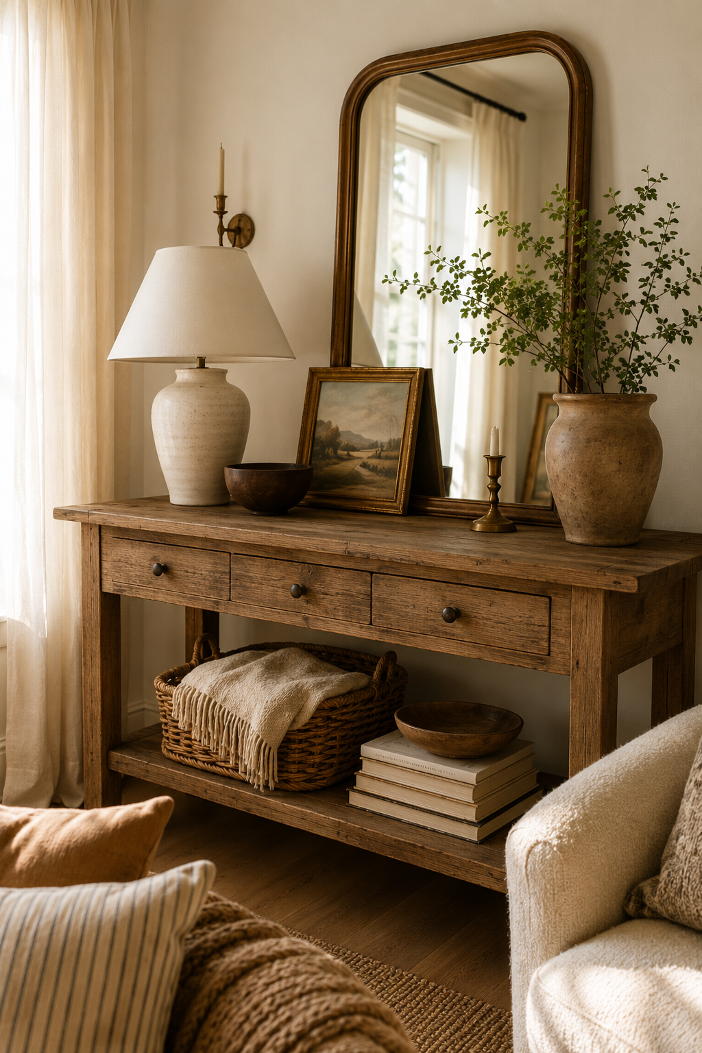 Console wood table in a living room styled beautifully with cozy and warm accent pieces and wood framed antique mirror