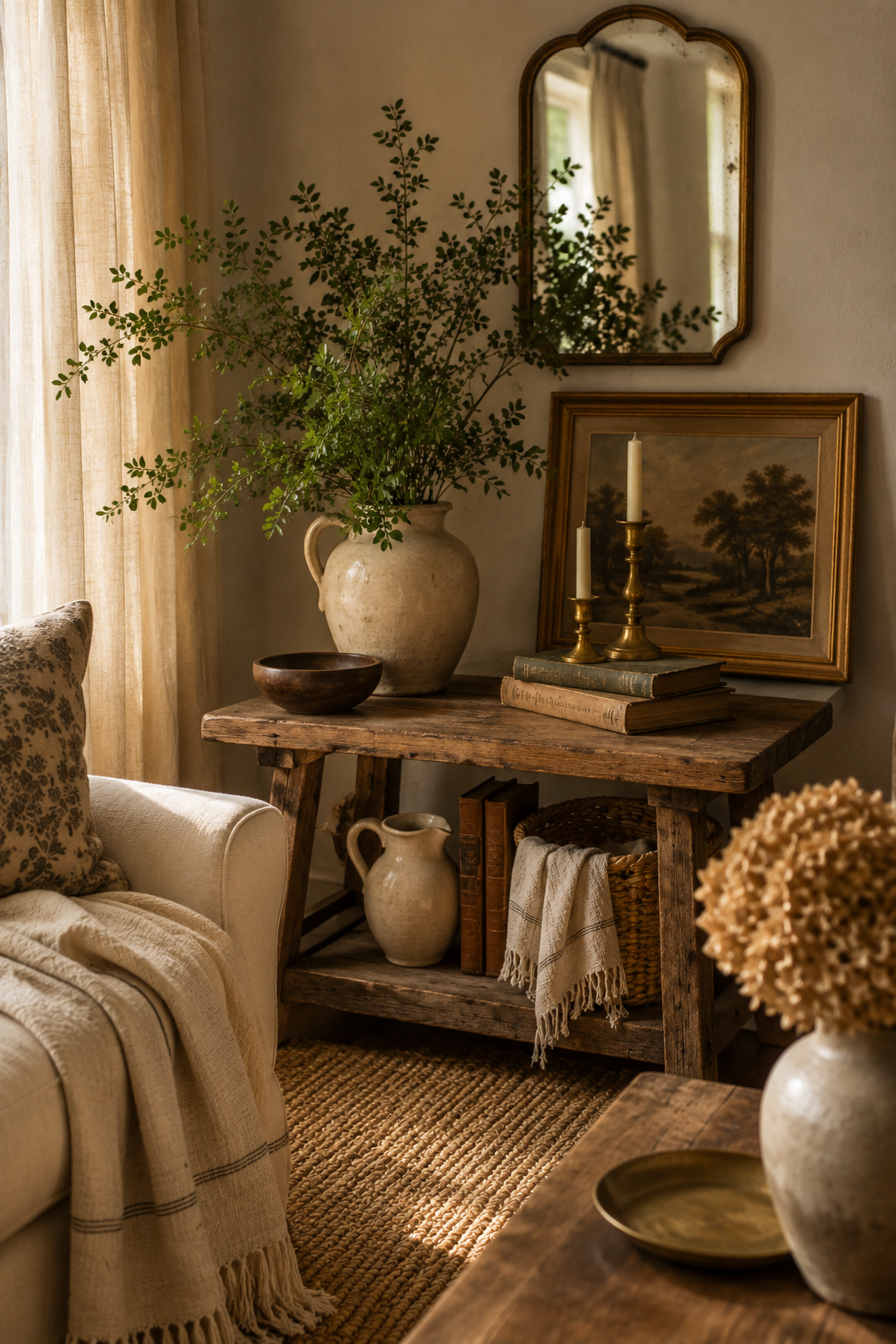 Beautifully styled corner side table in a living room with carefully mixed newer and antique accent pieces