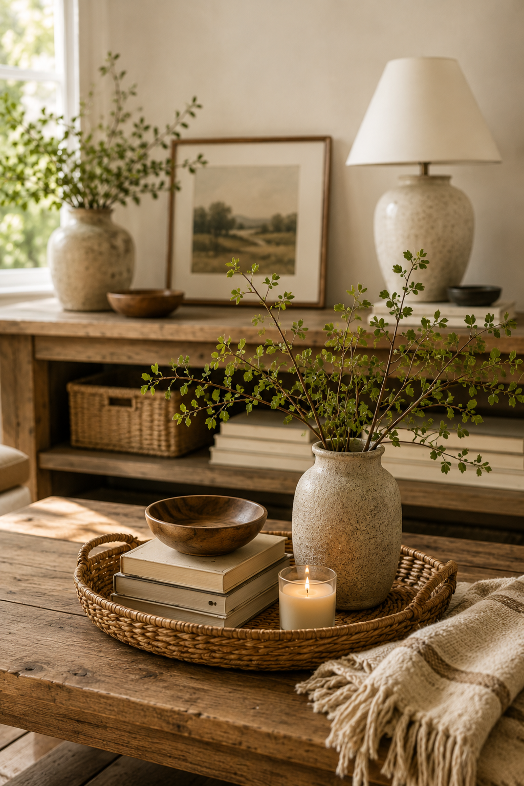 Neutral dining room with thrifted pillows, woven textures, wood coffee table, ceramic vase, greenery, and warm natural l
