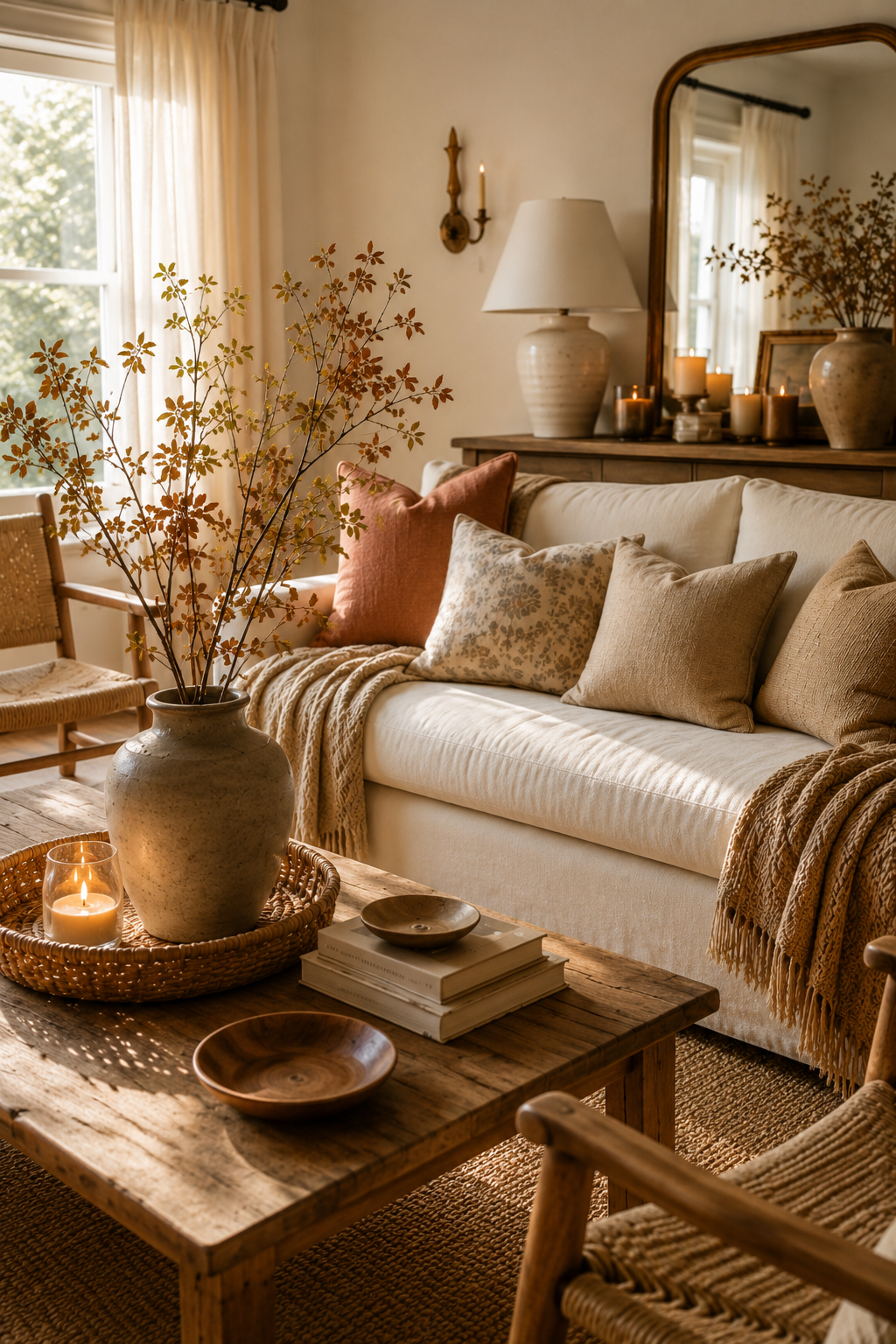 Stylish neutral living room with budget-friendly home decor, textured pillows, wood furniture, woven accents, ceramic va